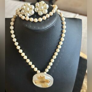 Pearl Necklace with brooch and Earring Set
